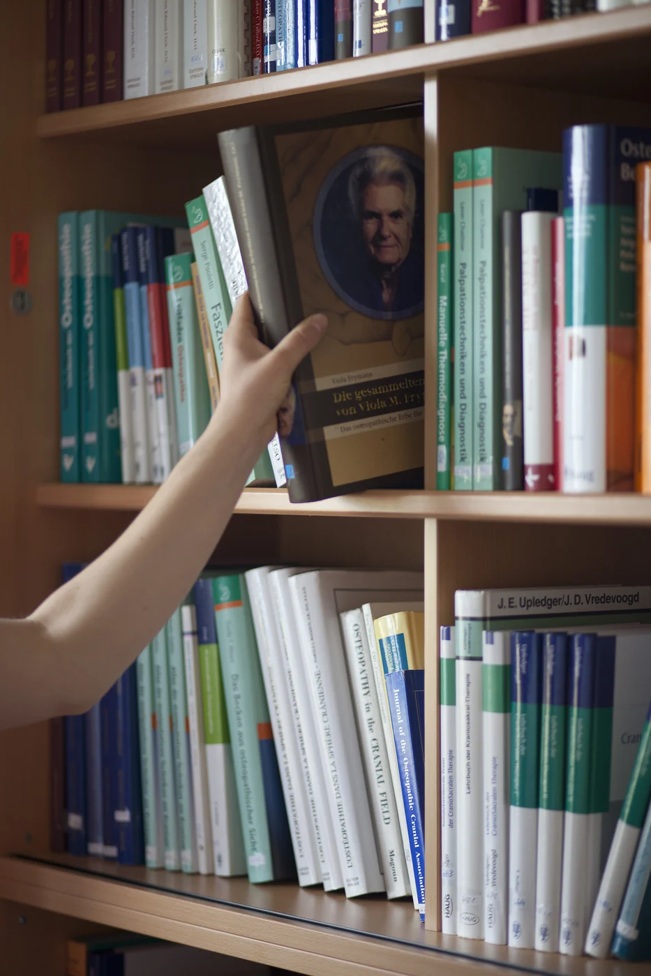 Hand zieht einen Band aus dem Regal der Fachbibliothek des Kollegs